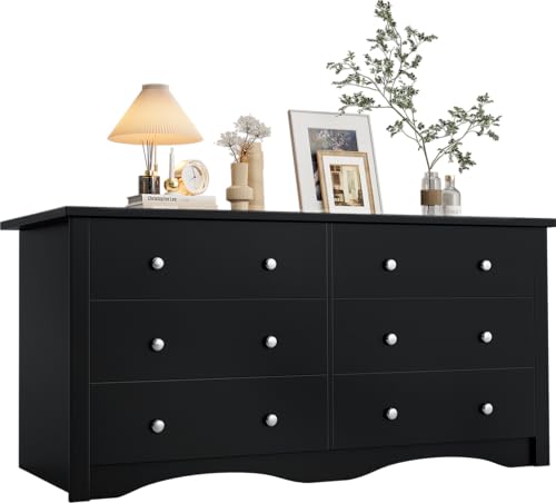 YESHOMY 58'' Dresser for Bedroom, 6 Drawer Dressers, Wood Storage Organizers Units, Hallway,Office(Black) - color: Black