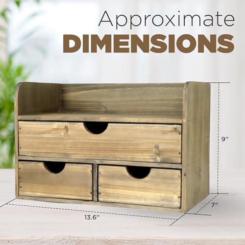 Besti Wooden Office Desk Organizer - Organizing Tool for Desktop, Cubicle, Bedroom, Kitchen - Vintage Style Organization Caddy with Top Tray Shelf & 3 Drawers - 13.6x9x7 Inches (Rustic Burnt) - color: Rustic Burnt