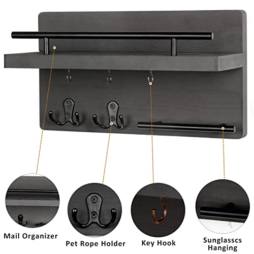 OurWarm Wall Mounted Key Hanger with 5 Hooks, Decorative Wooden Mail Organizer with Shelf, Rustic Home Decor for Entryway, Mudroom, Office, Hallway - color: Gray