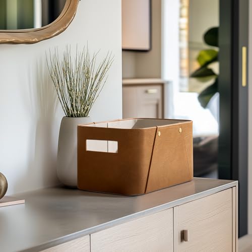 La Jolie Maison Storage Baskets for Organizing, 2 Pack, Storage Cube Boxes Luxury Brown Vegan Leather for Closet Shelf Cabinet Bookcase Camel - color: Camel