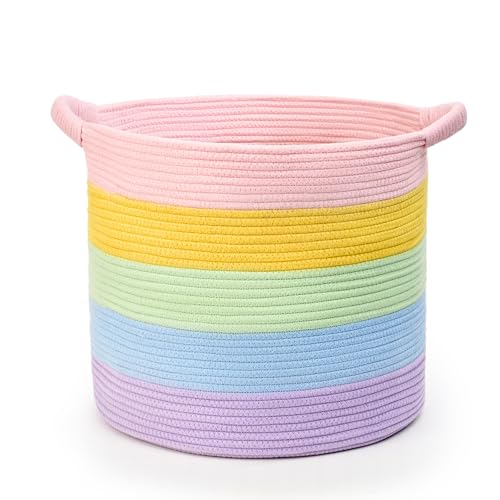 Blanket Basket - Woven Round Rope Storage Basket (16"Wx14"H) for Blankets & Throws, Small Laundry & Toy Organizer, Decorative Living Room & Bedroom Cotton Basket - Rainbow - color: Rainbow, size: Regular-16"Wx14"H