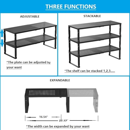 Expandable,Adjustable & Stackable Spice Rack, Cabinet Kitchen Countertop Shelf Organizer,Metal Pantry Storage Shelves - Space-Saving Storage Solution(1Pack/Black/Medium) - color: Black, size: 1PACK/BLACK/MEDIUM