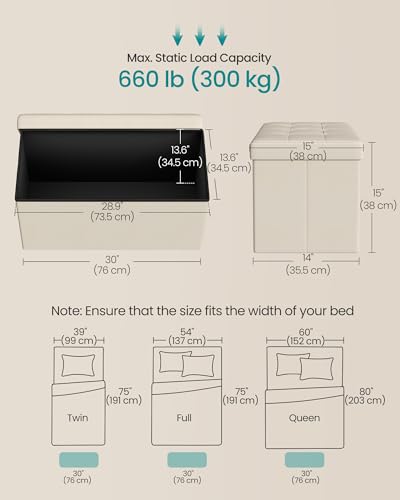 SONGMICS MAZIE Collection - 30 Inches Folding Storage Ottoman Bench, Ottoman Foot Rest, End of Bed Bench, Storage Chest, Load 660 lb, for Living Room, Bedroom, Entryway, Cream White ULSF47BE - color: Cream White, size: 15"D x 30"W x 15"H