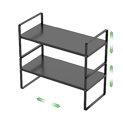 Expandable Cabinet Storage Shelf Stackable Organizer Rack for Kitchen Bathroom Pantry Spice Cupboard Countertop Home Office Desk Heavy Duty Nonslip Black Small 2 PACK - color: Smooth Black, size: Small - 8.1"D - 2 Pack