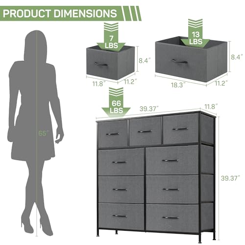 Dresser for Bedroom, 9 Storage Drawers, Anti-Tip Tall Fabric Closet Chests Organizer Tower Furniture with Wooden Top Metal Frame for Clothes, Living Room, Hallway, Entryway - color: Grey, size: 11.8"D x 39.4"W x 40"H (9 Drawers)