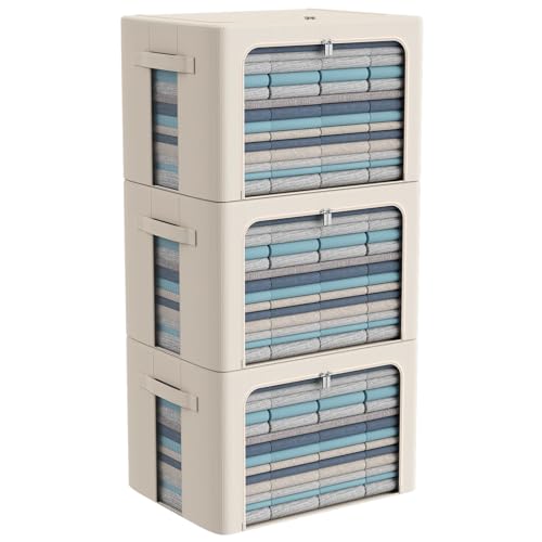 CYhom 3Pack Frame Storage Box - Clothes Storage Bin Bags Oxford Fabric Foldable Stackable Container Organizer Set with Clear Window & Carry Handles Large Capacity (Beige, Large-66L) - color: Beige, size: Large-66L