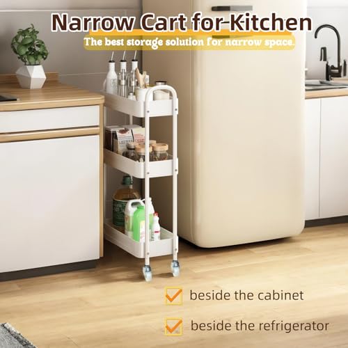 3 Tier Narrow Rolling Storage Cart for Laundry Room Bathroom Kitchen, 7.1'' Slim Utility Cart with Wheels and Lockable Casters Standing Shelf for Small Space & Between Washer and Dryer, White - color: White, size: 3 tier