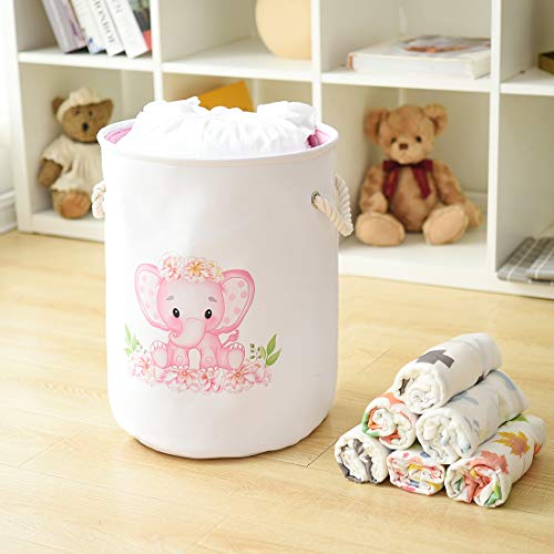 INough Laundry Baskets Kids Laundry Hamper, Pink Baby Hamper Elephant Basket Large Collapsible Kids Hamper with Handles Waterproof Round Linen Storage Basket for Toddler/Girls (Pink Elephant) - color: Pink Elephant