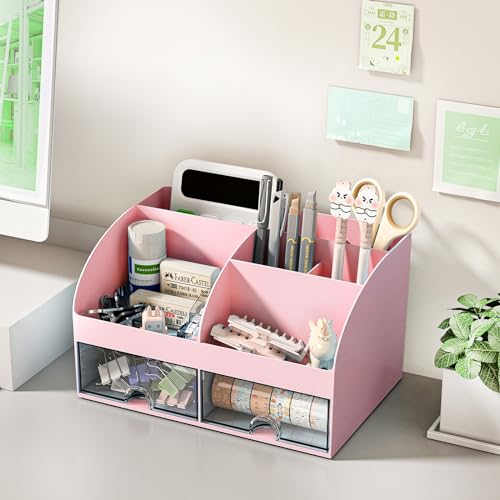 COMFYROOM Desk Organizer with 6 Compartments and 2 Drawers, Plastic Makeup Organizer, Pen Holder for Desktop Storage, Desk Organization for School, Home, Office Supplies Pink-2Pack - color: Pink-2Pack