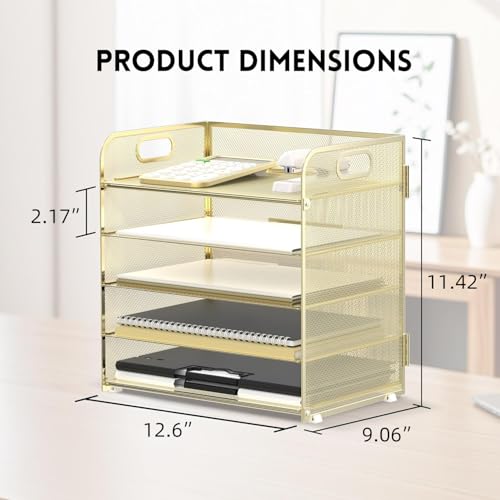 Supeasy 5 Trays Paper Organizer Letter Tray with Handle-Mesh Desk File Organizer, Paper Sorter Desk Organizer for Office, Home or School (Golden) - color: Golden