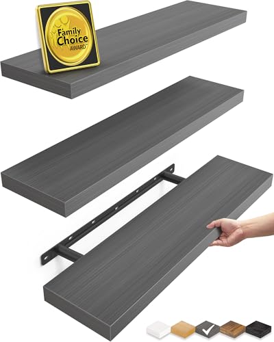 BAYKA Grey Floating Shelves for Wall 22.5 inch, Wall Mounted Shelf for Bedroom, Living Room, Kitchen – Wood with Hidden Metal Brackets, 22LBS Capacity, 6.7” Deep – Storage for Books, Plants, Decor - color: F. Grey - Industrial Edge Style, size: 22.5inches