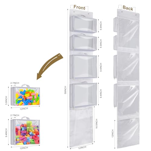 Over Door Organizer and Storage, Hanging Toy Holder with 4 Clear Removable Pouches, Toddler Room Wall Stuffed Animal Bag Case, Kids Playroom Closet Organization for Building Block, Puzzle - color: White