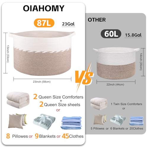 OIAHOMY 87L Extra Large Blanket Basket, 23" x 13", Jumbo Laundry Hamper, Cotton Rope Basket with Handles for Living Room,Baby Toy Storage Bins, Brown - color: Brown, size: 23" x 23" x 13"