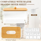 Dryer Sheet Holder - Clear Dryer Sheets Container with Bamboo Lid, 16 Labels and Scoops for Laundry Room Organization and Storage Dryer Sheet, Balls, Clothespins, Pods