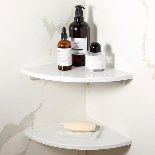 Koville 2 Pcs White Marble Corner Shower Shelf for Bathroom, 10'' Polished Marble Corner Shelves for Bath, Wall Mounted Stone Corner Shower Caddy, No Drilling Adhesive Shower Shelf - color: White, size: 2-Layer