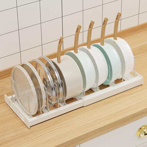 Nigelia Pots and Pans Organizer for Under Cabinet 22" Expandable Food Storage Container Lid Organizers with 10 Adjustable Dividers Pot and Pan Lid Holders Rack Inside Cabinet&Kitchen Countertop(White) - size: 1 Pack
