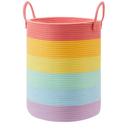 Rainbow 15"Dx20"H Baby Girls Kids Laundry Hamper Basket for Nursery Toddler Clothes Blanket Toy Storage Woven Rope Unicorn Hamper in Playroom Bedroom 60L Large - color: Rainbow, size: Large (60L)