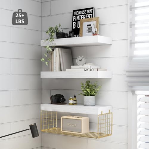 QEEIG Bathroom Shelves Over Toilet - Wall Mounted Floating Shelves Toilet Paper Storage Small Modern Decor Shelf 16 inch Set of 3, White and Gold (019-WG3) - color: G. White & Gold, size: 3pcs