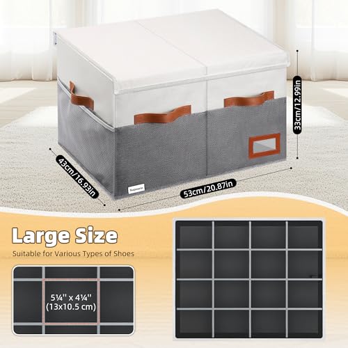 Supowin Shoe Organizer for Closet, Foldable Shoe Storage Bins with Lid & Adjustable Dividers, Fabric Shoe Box Storage Containers with Four Reinforced Handles, Fits 16 Pairs, 1 Pack, Grey - color: Grey, size: 21"L x 17"W x 13"H