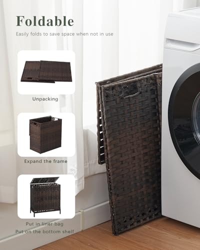 SETVSON Laundry Hamper with Lid 132 L, (35 Gallons) Clothes Hamper with Lid, Handwoven Rattan Laundry Hamper with Metal Heightened Feet, Laundry Hampers with 3 Removable Liner Bags for Laundry-Brown - color: Brown, size: 132 L - 35 gal