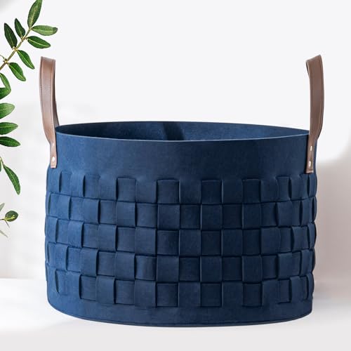 BOLDMONKEY Laundry Basket 20" x20 " x11.8 ",Extra Large Round Blanket Basket with Leather Handle, Felt Storage Basket for Living Room, Nursery, Dog Toys-Navy Blue - color: Navy Blue