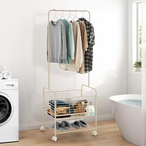 GarveeHome Metal Laundry Cart with Hanging Rack & Storage Shelves | 3 in-1 Rolling Hamper with Wheels for Clothes, Towels and Toys | Space Saving Organizer for Small Apartment/Bathroom