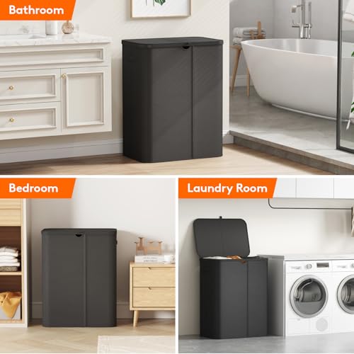 Lifewit 185L Large 3 Section Laundry Hamper with Lid, Plastic Laundry Basket with Bamboo Handles and Removable Bags, Tall Foldable Clothes Hamper for Bathroom Bedroom, Black - color: Black