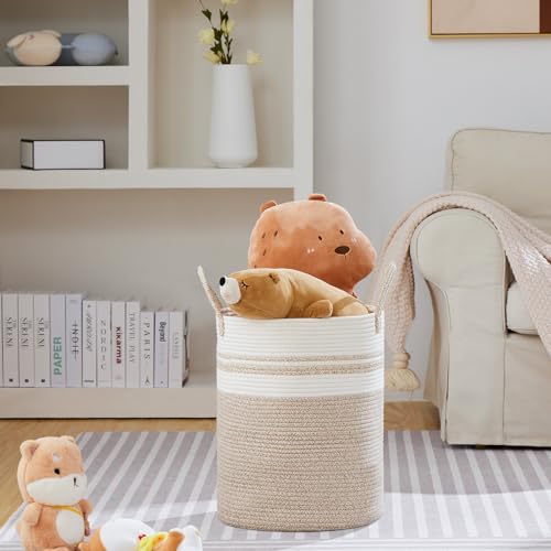 VIPOSCO Large Laundry Hamper, Tall Woven Rope Storage Basket for Blanket, Toys, Dirty Clothes in Living Room, Bathroom, Bedroom - 53L Brown & White - color: Brown & White, size: 53L