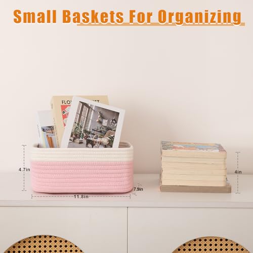 OIAHOMY 4 Pack Storage Baskets for Organizing, Small Bins for Shelves, Cute Decorative Storage Bins, Organizer Baskets for Gifts Empty, 11.8''Lx7.8''Wx4.7''H, Pink/White - color: Pink/White, size: 11.8"*7.8"*4.7"