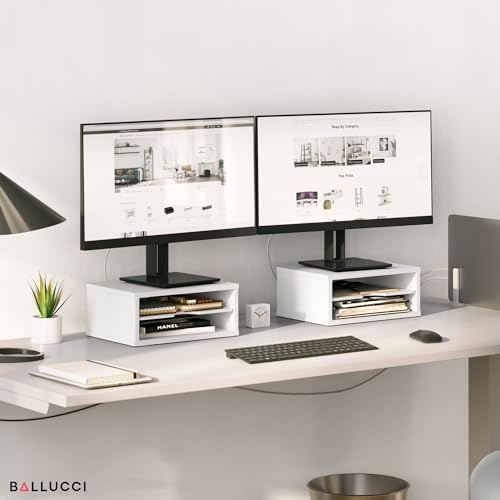 Ballucci File Organizer, 2-Tier Document Paper Sorter, Stackable Wood Desk Organizer Mail Holder, Monitor Stand with Storage Shelves, White - color: White, size: 2 Tier