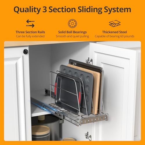 Pull Out Cabinet Organizer for Cutting Board, Cookie Sheet, Baking Sheet, Stainless Steel Sliding Rack for Bakeware & Trays, Heavy-Duty Cutting Board Organizer (9” x 16.5” (22.8 x 41.8 cm)) - style: 9”W x 16.5”D (22.8 x 41.8 cm)