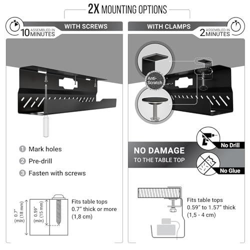 Under Desk Cable Management Tray no Drill – Wire Management - Cord Organizer – Huge Load Capacity – Under Desk Cable Tray no Drill (Black, 2 Pieces Set) - color: Black, size: 2 pieces set