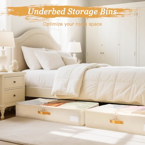 Criusia Under Bed Storage Bins with Clear PVC Lids – 2 Pack Large Underbed Organizers with Heavy-Duty Handles, Reinforced with 800G PP Panels & 80G Non-Woven Fabric – Waterproof & Foldable, Beige - color: 2 Pack Beige