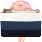 MINTWOOD Design 22in Extra Large Blanket Basket Holder Living Room, Rectangle Rope Woven Storage Basket with Handles for Laundry, Pool Towels, and Shoes, Dog Toy Organizer Bin Box, 3-Tone Blue - color: 3-Tone Blue