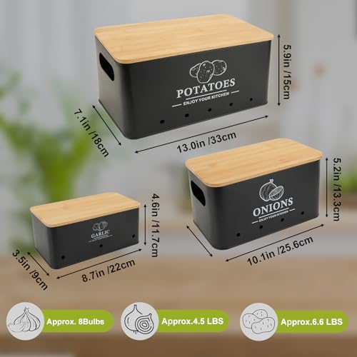 Kitchen Vegetable Storage Set of 3, Metal Onion Garlic Potato Storage Set, Kitchen Canisters Vegetable Keeper Containers with Aerating Holes and Wooden Lid (Black) - color: Black