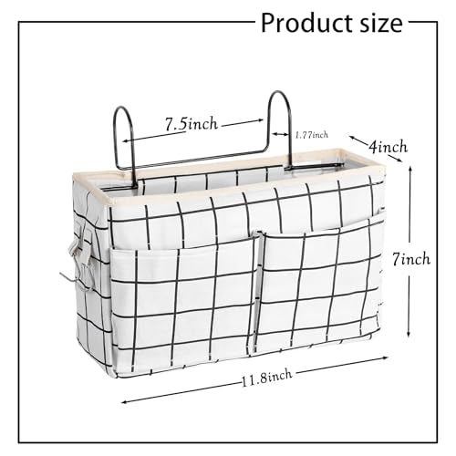Bedside Caddy Organizer Hanging Storage Basket with Large Pockets & Hooks, Heavy-Duty Canvas Bedside Organizer for Bunk Beds, Dorm Rooms, Hospital Beds & Small Spaces (White Grid Pattern) - color: White Grid Pattern