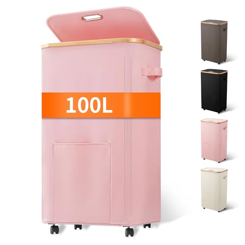 Vincona Laundry Basket with Wheels, Tall Dirty Clothes Hamper on Wheels, Rolling Laundry Hamper with lid for Dorm, Bedroom and Bathroom (Pink, 100L) - color: Pink, size: 100L