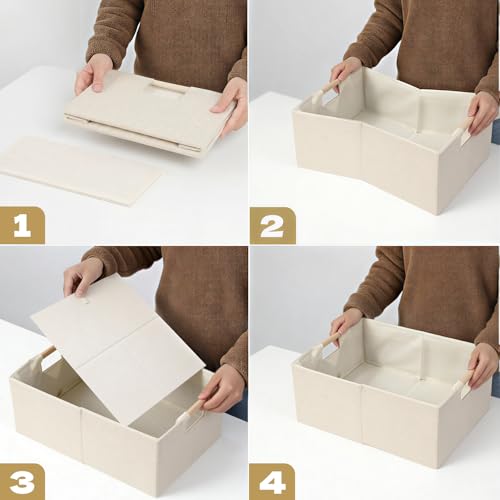 Foldable Fabric Storage Basket for Shelves, Linen Decorative Storage Bin with Wooden Handles, Small Organizer Cube for Closet, Rectangle Canvas Box for Organizing, Decor, 15x10.6x6 Inches (Beige) - color: Beige