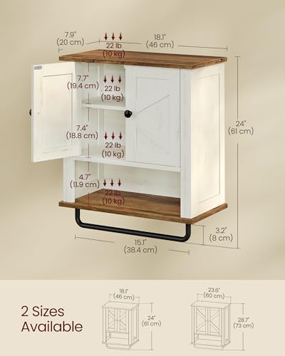 VASAGLE LIRY Collection - Bathroom Wall Cabinet, Farmhouse Wall-Mounted Medicine Storage Cabinet with 2 Barn Doors, Adjustable Shelf, Towel Bar, 7.9 x 18.1 x 24 Inches, Rustic White UBBK132W01S - size: 7.9"D x 18.1"W x 24"H