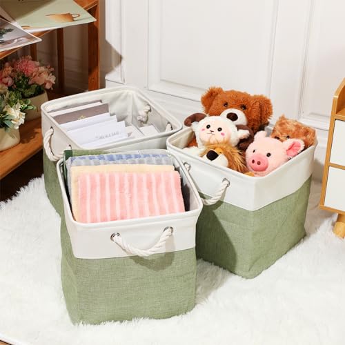 meekoo 8 Pack Collapsible Storage Bins Fabric Storage Bins Polyester Fabric Baskets with Handles Linen Closet Organizer for Shelf Home Closet Towels Toys(12 x 12 x 12 in,Green White) - color: Green White, size: 12 x 12 x 12 In