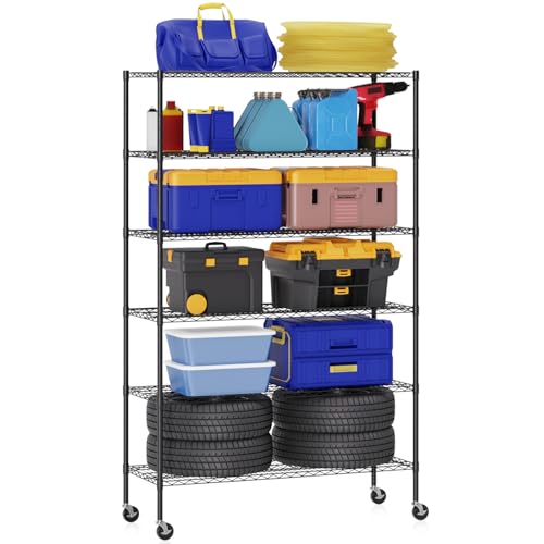 BestOffice | 6-Tier Wire Storage Shelves with Wheels | 48x18x77 | Black | Adjustable Racks | Heavy-Duty Metal Shelf, Holds Upto 600 lbs | No-Tool Assembly | Ideal for Home & Garage Shelving - color: Black, size: 48"D x 18"W x 77"H