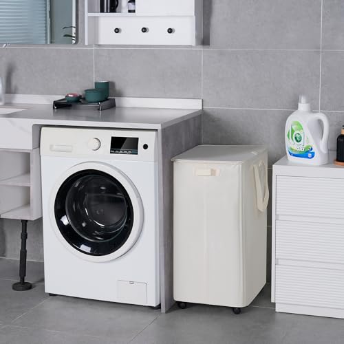 Vincona Slim Laundry Hamper with Lid and Wheels, Small Rolling Laundry Basket with Handle for Small Spaces, Tall Dirty Clothes Hampers for Dorm, Bathroom and Bedroom, 95L, Beige - color: Beige, size: 95L