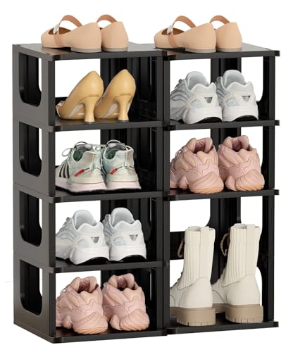 HAIXIN Adjustable 10 Tier Shoe Organizer - Narrow Plastic Vertical Shoe Rack for Closet, Entryway, Boots - Stackable Shoe Cabinet - color: Black, size: 10 Tier