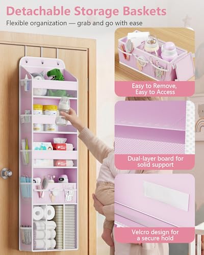 OneDream 5-Tier Over the Door Organizer with Removable Storage Caddy, Baby Clothes Organizer for Nursery, Hanging Behind Door Storage with Clear Pockets and Side Mesh Compartments, Pink - color: Pink