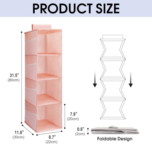 PetsHome 4-Shelf Hanging Closet Organizer, Space Saver, Closet Hanging Storage Shelves with Mesh Pockets & Magic Tap for Storage, Foldable-Pink - color: Pink, size: 4 Shelf