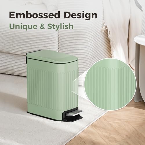 TrashAid Slim Bathroom Trash Can with Lid Soft Close, 6 Liter/1.6 Gallon Stainless Steel Small Garbage Can with Removable Inner Bucket, Step Pedal, Slim Wastebasket for Toilet, Office, Bedroom, Green - color: Green