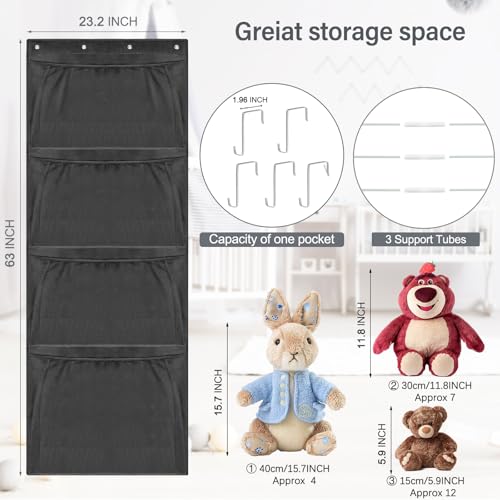 Woodoulogy Hanging Stuffed Animal Storage, Over Door Large Plush Toy Organizer with Metal Hook, Baby Accessory Holder Idea for Nursery, Doll & Bear Mesh Hammock Bag for Girl Boy Kid Room - color: Black