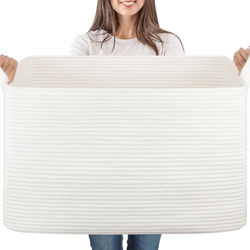 95L Cotton Rope Large Blanket Basket (24" x 16.9" x 14.2") for Living Room, Kids Room & Laundry, Storage Basket with Handle for Organizing Blankets, Pillows, Clothes & Toys, White - color: White, size: 24"x16.9"x14.2"