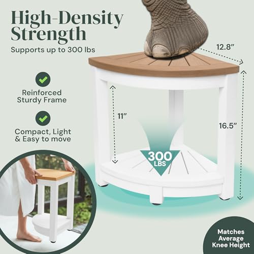 ROHKEX Waterproof Corner Shower Stool - Pack of 1, White & Brown - Stable Shaving Stool for Legs - Easy Assembly Plastic Shower Bench Seat - Non-Slip Feet, Gifts Idea for Home, Corner Bench Seat - color: White & Brown