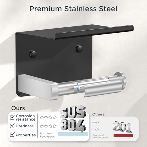FORIOUS Toilet Paper Holder with Shelf, Adhesive or Screw Wall Mount Toilet Paper Roll Holder for Bathroom, Rustproof 304 Tissue Dispenser with Phone Shelf (1, Matte Black & Brushed Nickel) - color: Matte Black & Brushed Nickel